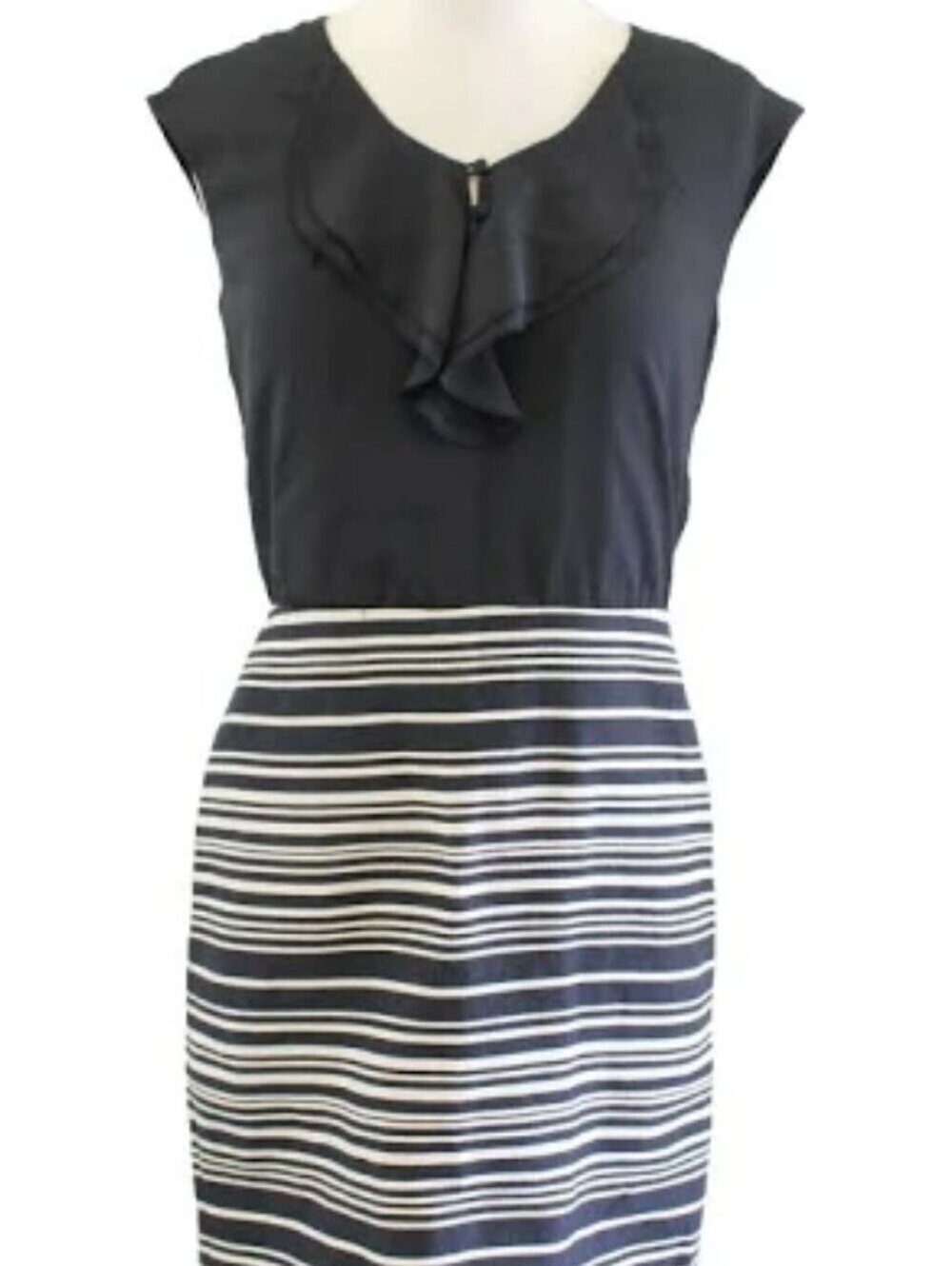 Like New Ann Taylor LOFT Black Ruffle Neck Striped Sheath Dress